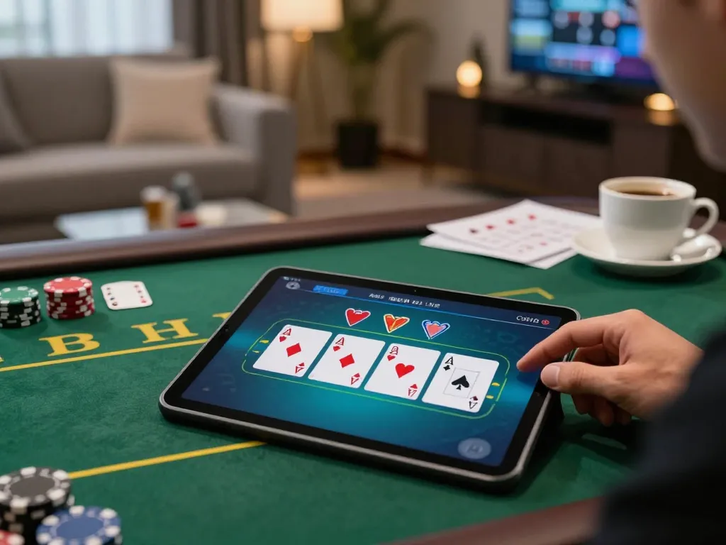 Player enjoying SC88 online blackjack, showcasing winning hand in a cozy home setting.