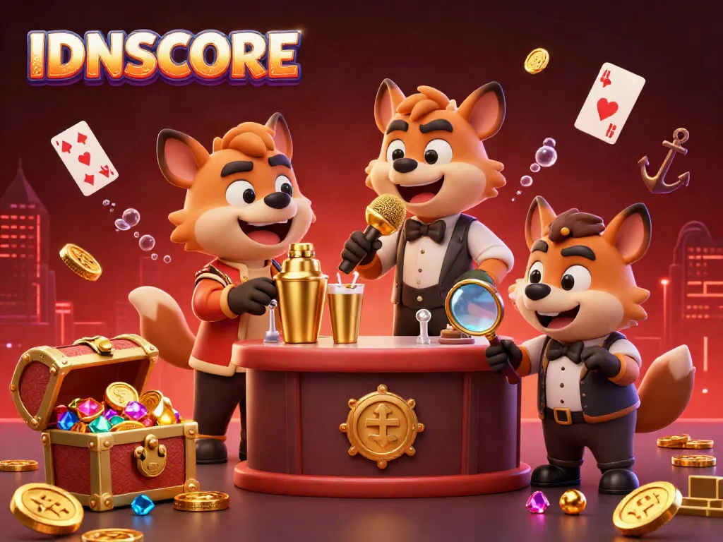 Hyenas at IDNSCORE comedy casino; a bartender and bouncer surround a comedian.