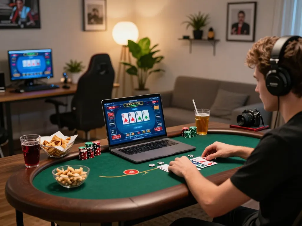 LIGALGO player experiencing an engaging online poker game with illuminated laptop and relaxed environment.