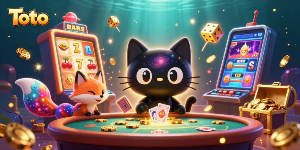 Menghadirkan Toto dalam permainan kasino dengan kucing hitam galaksi dan rubah nebula, berputar dengan chip emas.