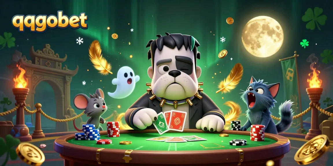 Tampilkan suasana permainan qqgobet dengan karakter unik, bulldog Frankenstein dan kucing werewolf dalam suasana kasino online.