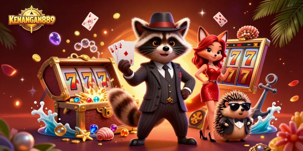 Join the fun at KENANGAN889 with casino vibes featuring our animated characters winning big.