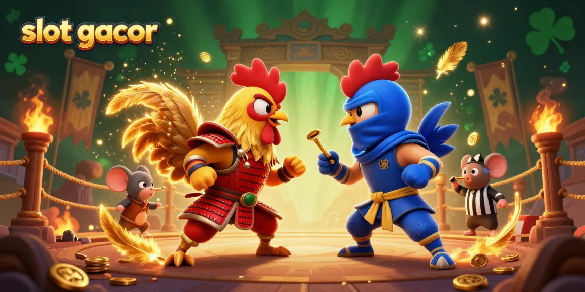 Engage with slot gacor action as roosters clash in a vibrant 3D arena filled with dynamic casino elements.