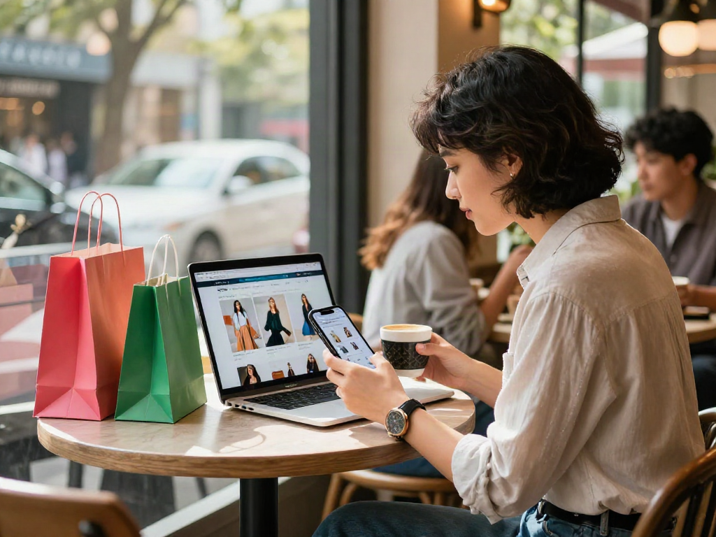 Individual shopping for fashionable accessories online at cafe using link alternatif bro138, vibrant urban setting, stylish atmosphere.