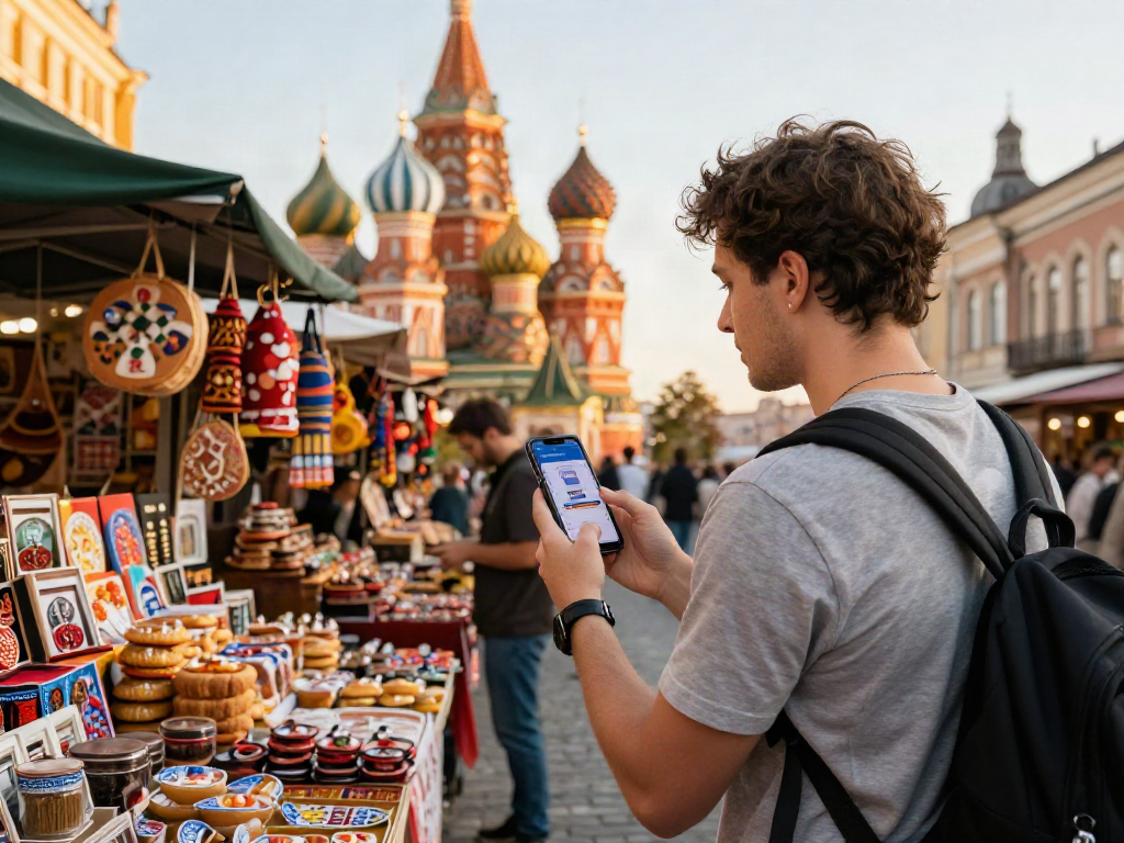 Pengunjung menggunakan aplikasi https://payinrussia.com/ sambil menjelajahi pasar di Moskow, dikelilingi oleh kerajinan lokal dan makanan tradisional.