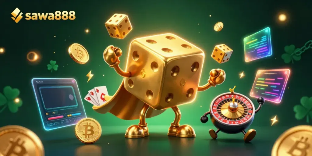 Engage with sawa888 in this vivid 3D digital casino scene filled with golden dice and crypto elements.