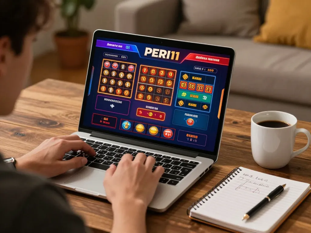 Engaging in PERI11 online gaming with a laptop, showcasing strategy notes and a warm atmosphere.
