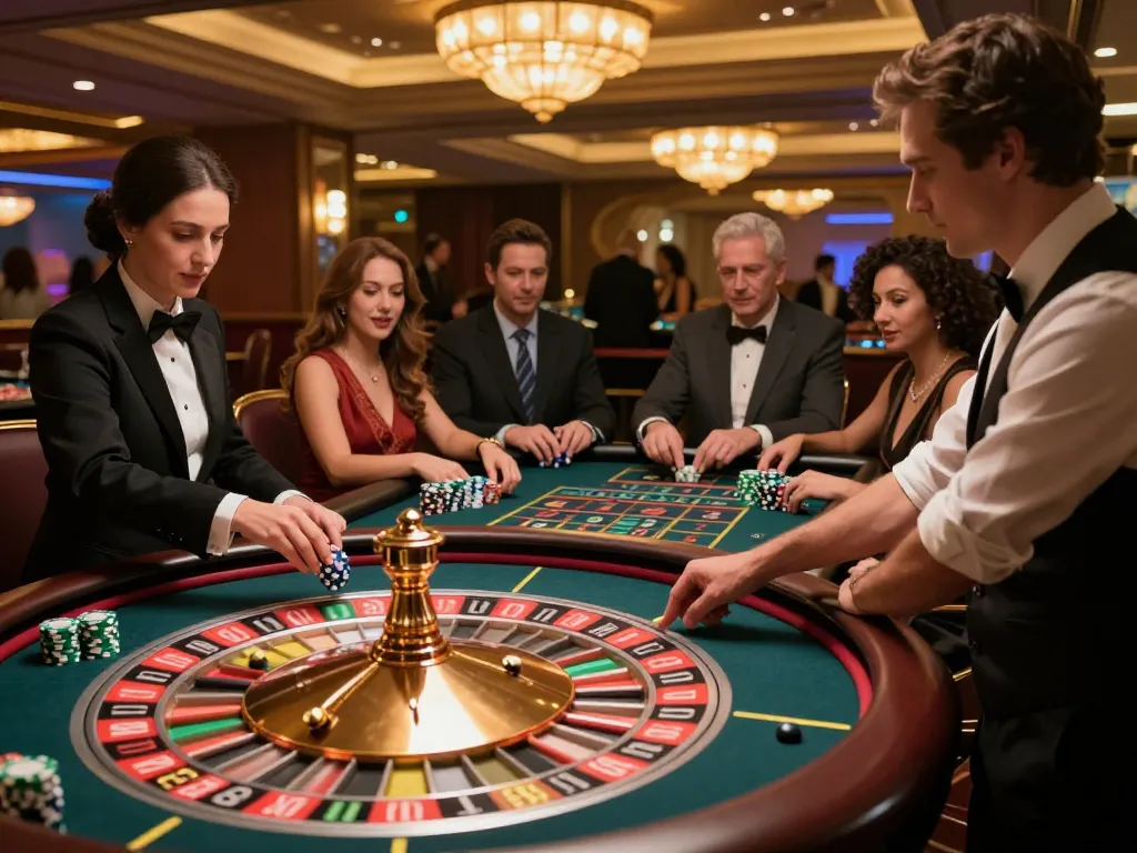 Experience the excitement of UGDEWA with players betting at a roulette table in a glamorous casino ambiance.