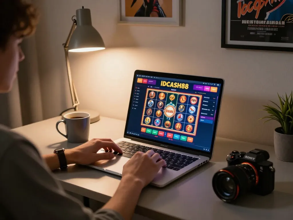IDCASH88 slot games interface displayed on a laptop in a cozy home gaming setup.