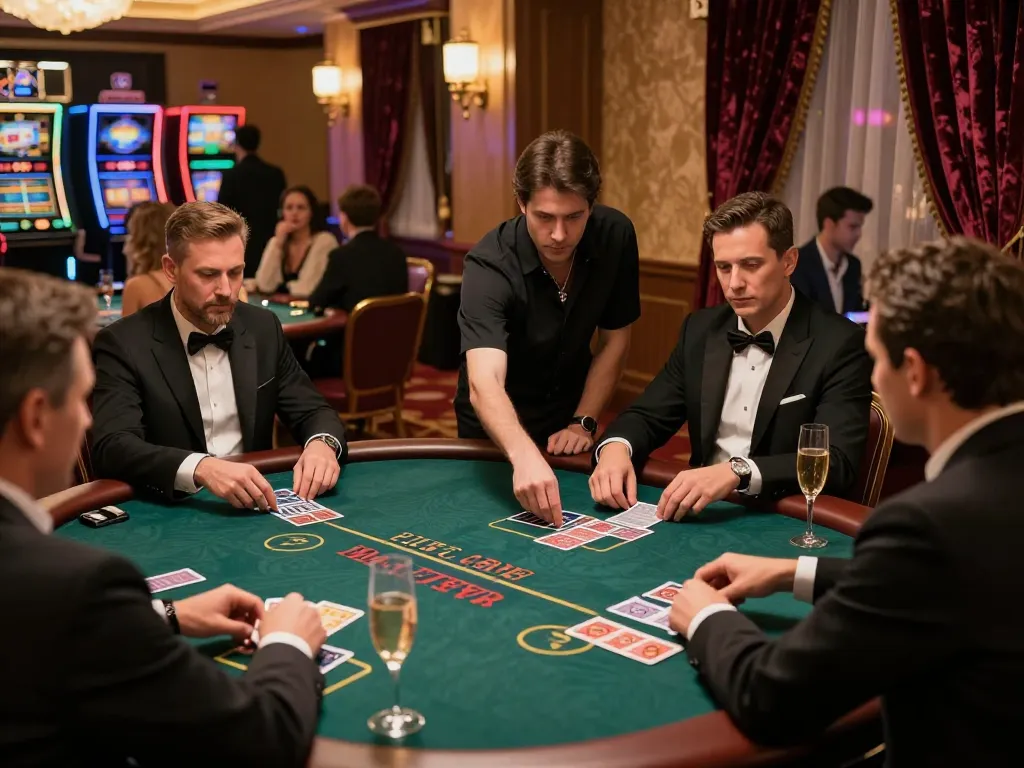 Experience the excitement at CM88betjuara with players enjoying blackjack in a luxurious casino setting.