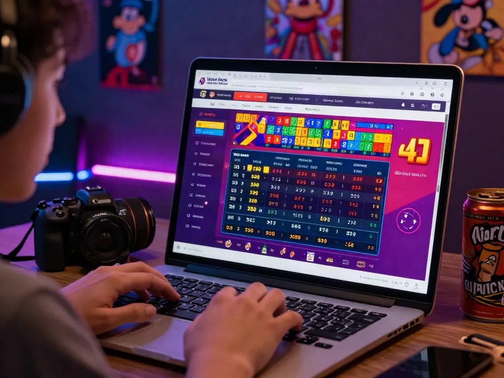 Pengguna mempelajari Data Macau 4D dengan antarmuka situs lotere modern dan warna-warna cerah.