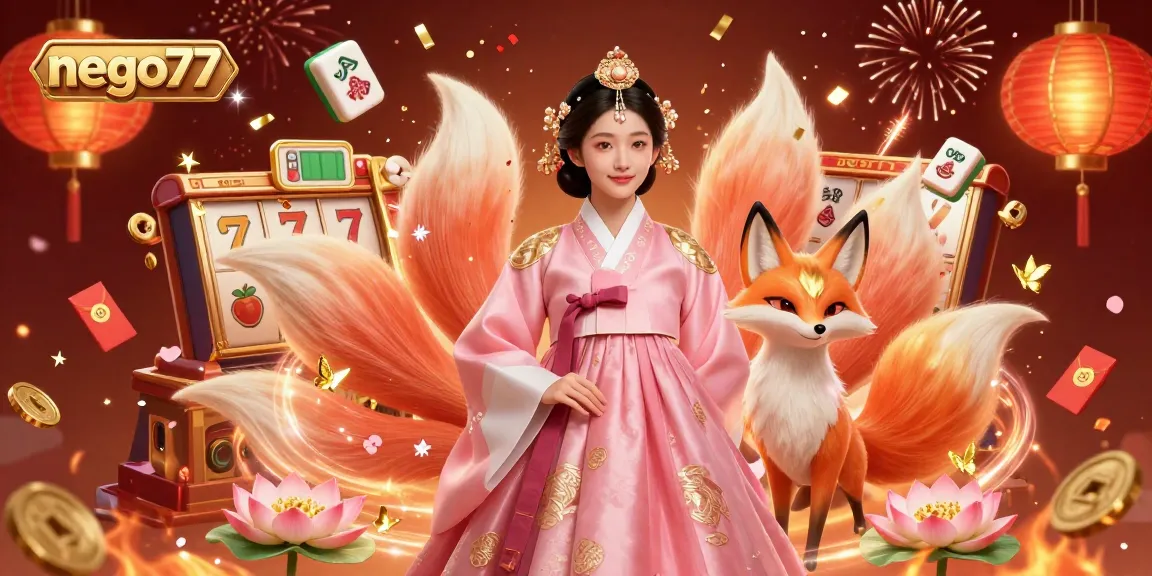 Nego77 showcases a vibrant casino scene with a graceful Asian woman and a lucky fox amidst vivid slot game elements.
