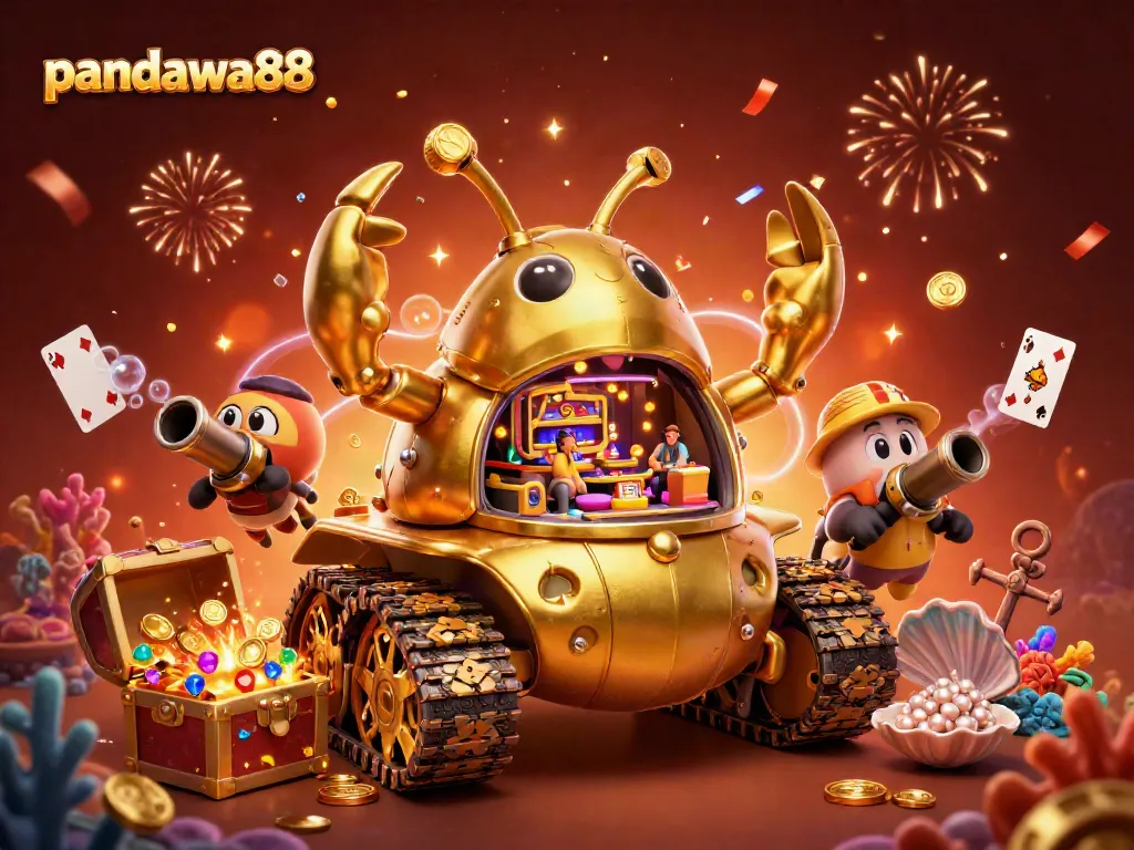Menyaksikan pandawa88, kasino mini dalam tank kalung emas, dikelilingi harta karun dan kartu bermain yang berwarna-warni.