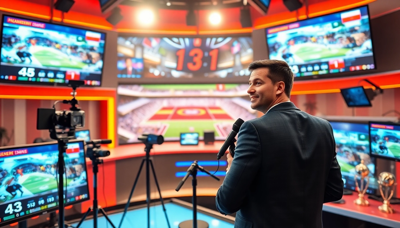 Engaging sports broadcasting scene with a host analyzing live action and game stats displayed.