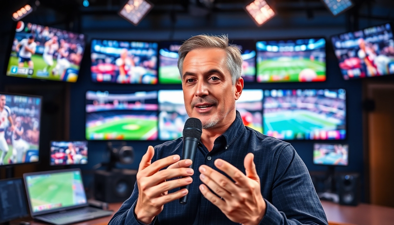 Engaging broadcaster delivering insights in Sports Broadcasting with vibrant studio setting.