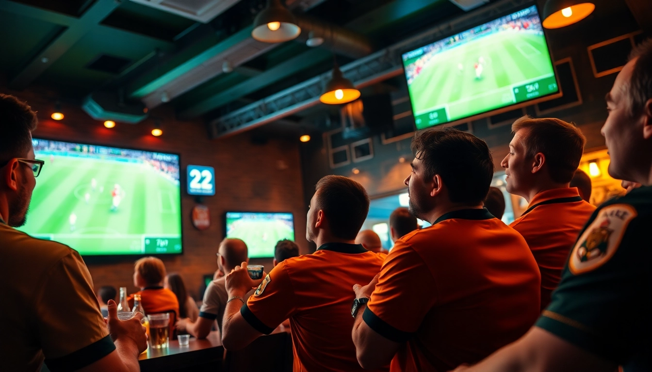 Xoilac TV trực tiếp bóng đá: Engaging fans at a lively sports bar watching football on HD screens.