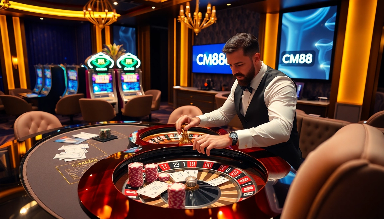 Action-packed gambling scene featuring CM88 branding at a casino table with poker chips and roulette wheel.