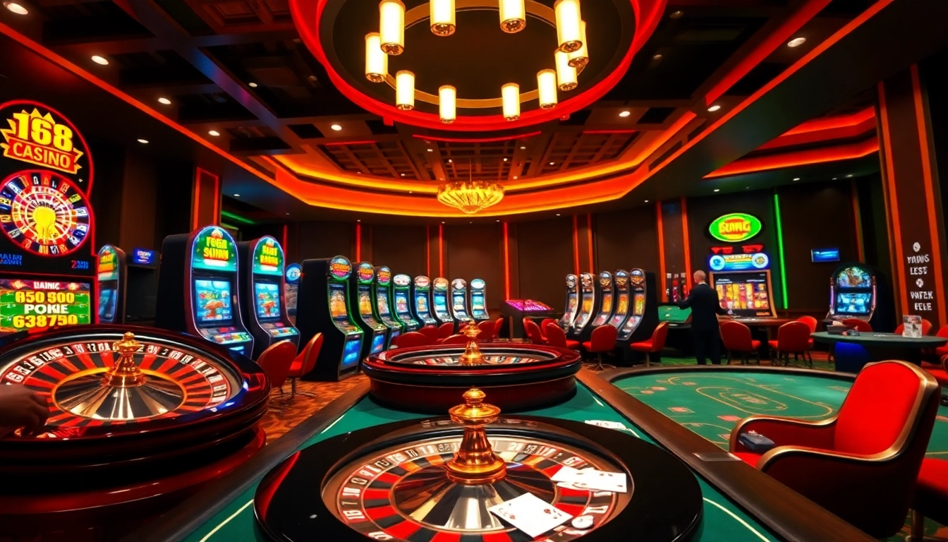 Experience F168’s thrilling casino atmosphere with vibrant roulette wheels and poker tables.