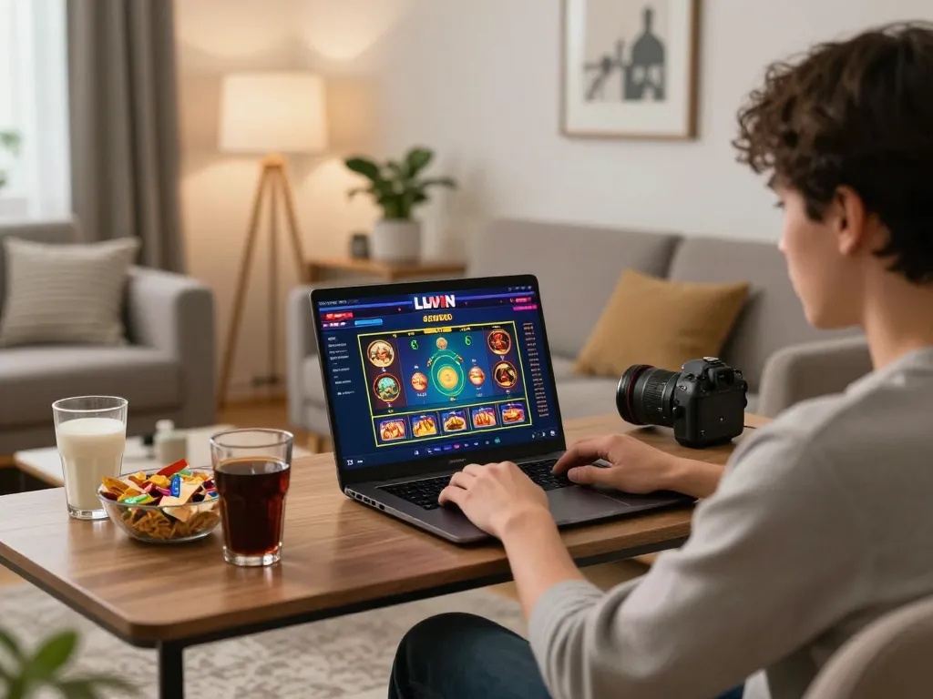 Player enjoying LLWIN online casino games at home with snacks and cozy decor