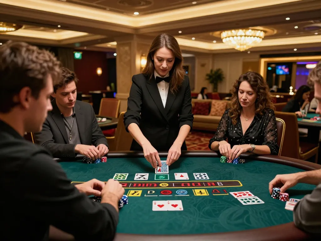 Engaged players placing bets at the baccarat table on link sepuhplay with a professional dealer in an upscale casino setting