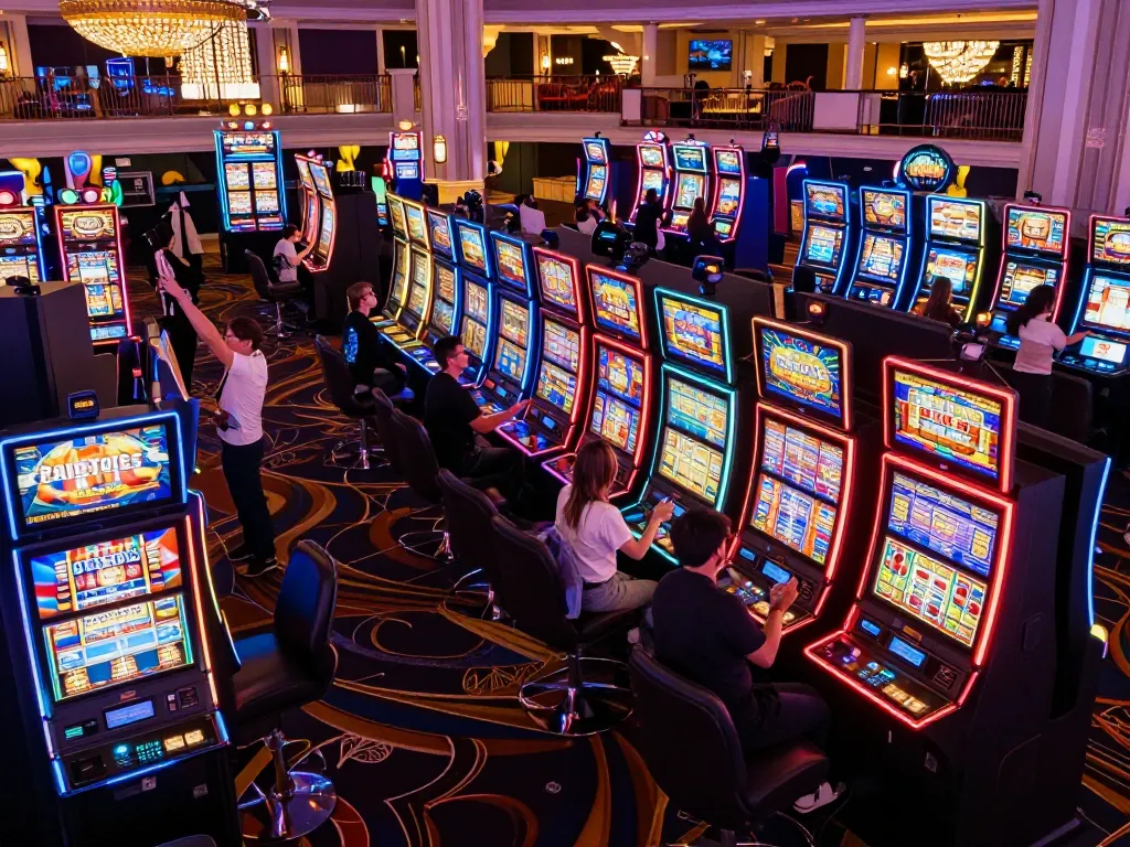 Tg88 players engaging with colorful slot machines in a lively Las Vegas casino environment.