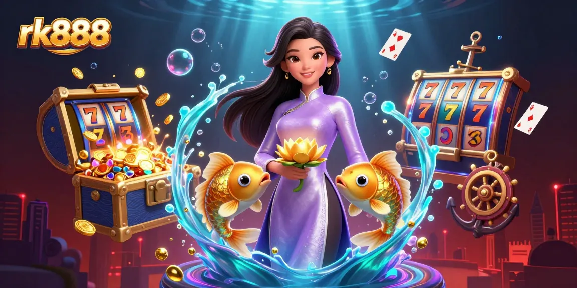 Experience the thrill of rk888 with a stunning scene showcasing an elegant woman and golden koi fish amidst vibrant slots and treasures.