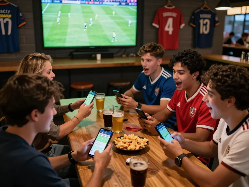 Friends engaging with the xoilac sports betting app while watching a live football match, showcasing an exciting atmosphere.