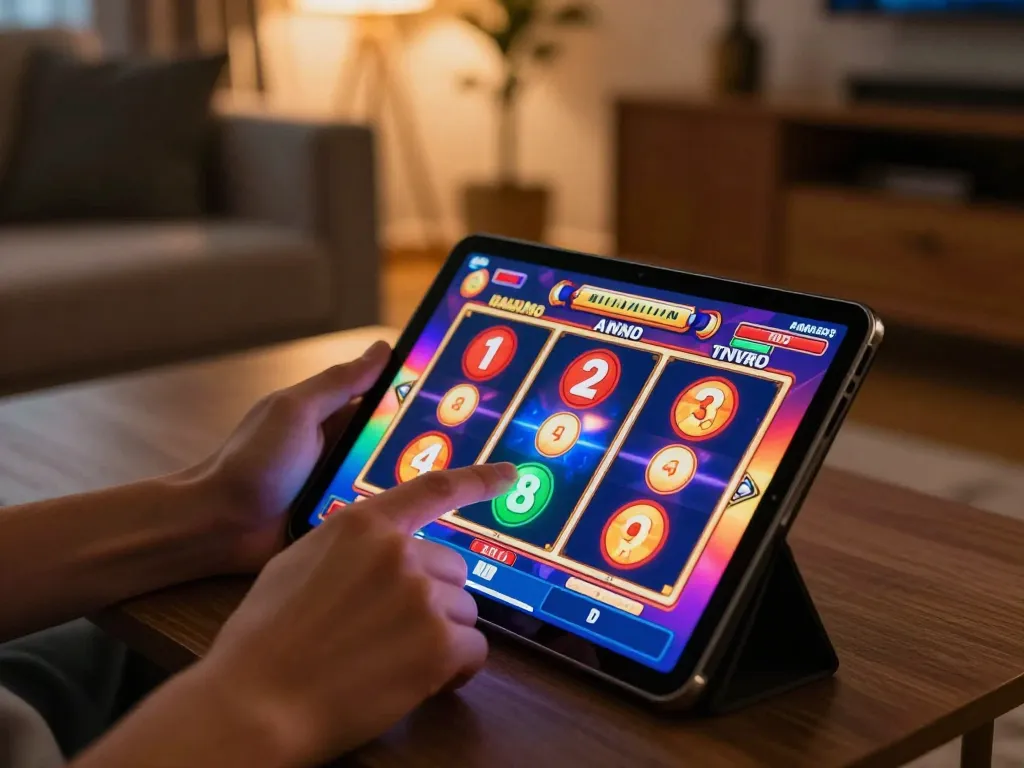 Pemain menikmati permainan slot di tablet di ruang tamu modern yang nyaman, merasakan keseruan dari OKESLOT.
