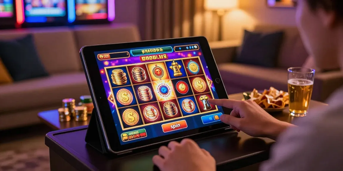 Engaging online slot gaming experience with vibrant digital machines and cozy home atmosphere.