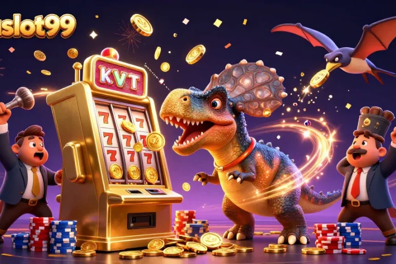 bolaslot99 showcases a pachycephalosaurus hitting a slot machine, capturing jackpot excitement