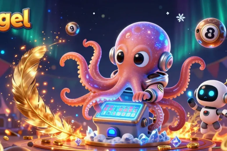 Meja lotere intergalaksi dengan simbol togel yang mengorbit di sekitarnya.