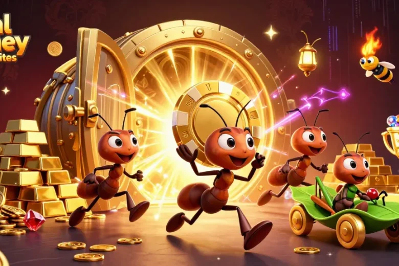 Ants carrying a giant poker chip in vibrant 3D scene representing real money casino sites.
