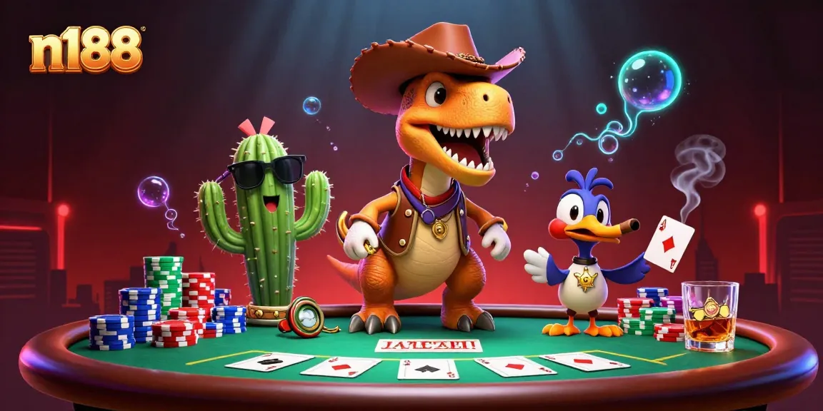 Experience thrilling gameplay at n188 with a lively scene featuring unique characters around a bustling poker table.