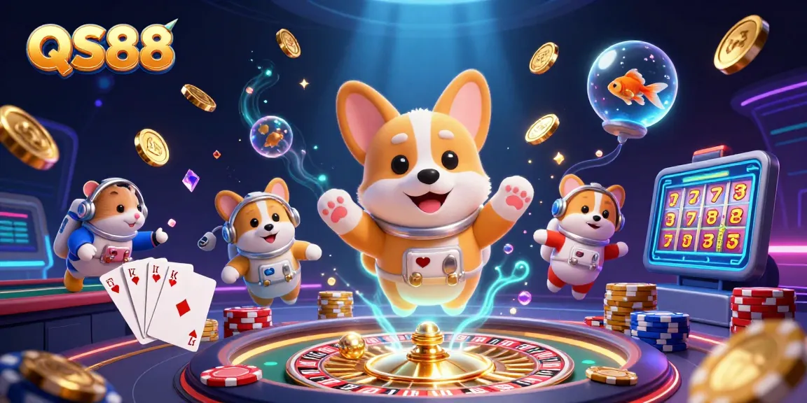 Experience the exciting universe of QS88 gaming with a vibrant illustration featuring animated characters and casino elements.