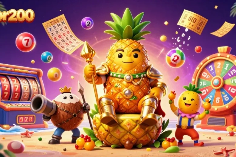 Ikon permainan Gacor200 menampilkan raja nanas, penjaga kelapa, dan badut mempersembahkan keseruan permainan slot.
