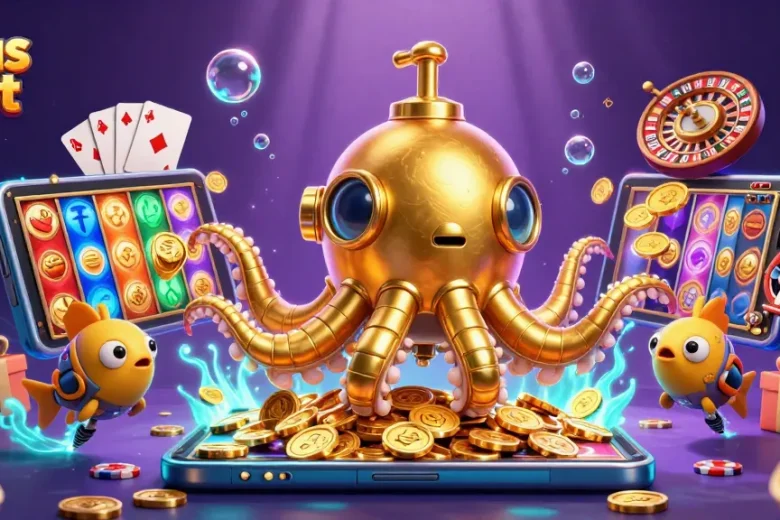 Engage with situs Slot as a 3D golden kraken submarine surfaces amidst casino symbols, enhancing your gaming experience.