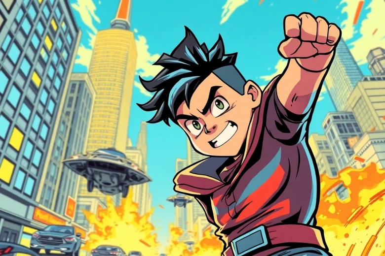 Visualisasi westmanga karakter komik pahlawan di lingkungan kota futuristik yang dinamis.