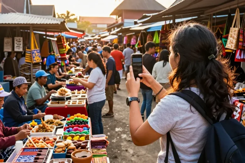 Pengunjung uangemas99 di pasar yang hidup dengan kerajinan lokal dan makanan khas.