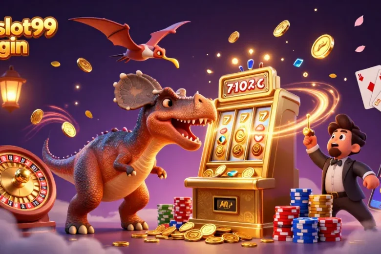 Bolaslot99 login reveals a thrilling moment with a dinosaur and slot machine jackpot