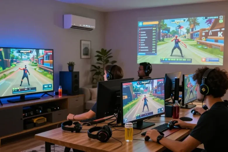 กลุ่มเพื่อนเล่นเกมออนไลน์กับ playme8 ในห้องนั่งเล่น พร้อมจอแสดงผลที่น่าตื่นเต้น