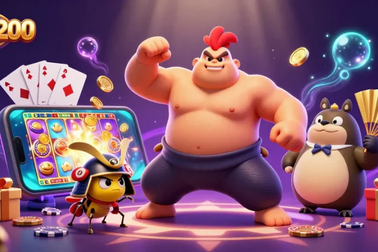 Mainkan slot200 dengan simbol ayam sumo dan jangkrik sambil memutar slot yang menyenangkan.