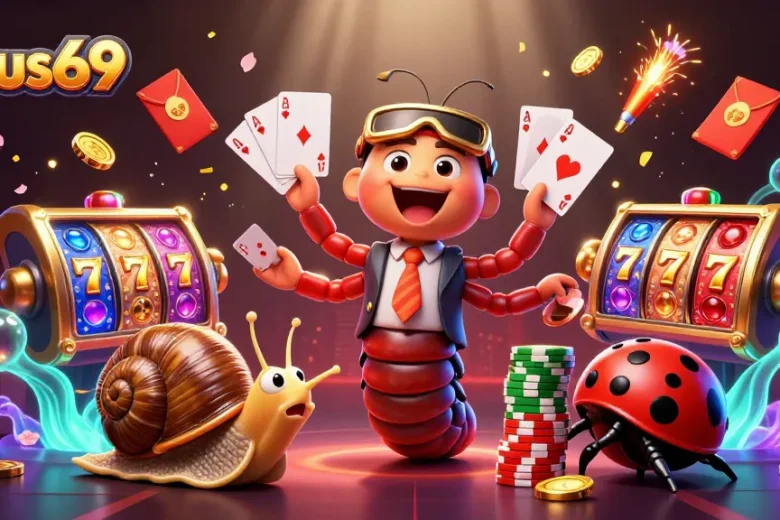 Experience thrilling gameplay at Virus69 with a cartoon dealer, high-roller, and vibrant casino elements.
