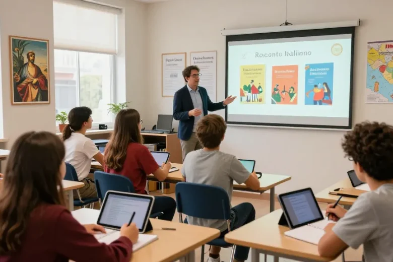 Students engaged in learning about Italian storytelling with toto togel concept in a bright classroom.